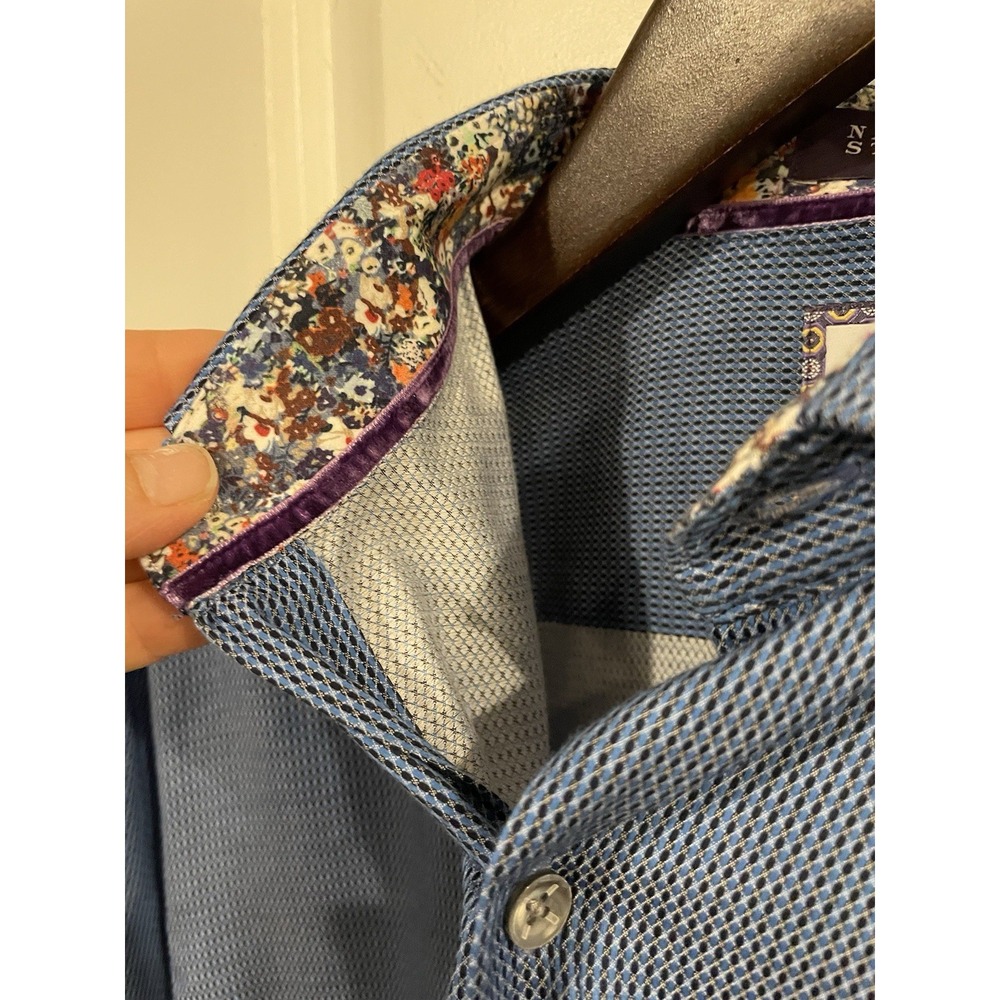 Robert Graham Shirt Mens Large Blue Geometric Long Sleeve‎ Stretch Flip Cuff - Picture 9 of 10